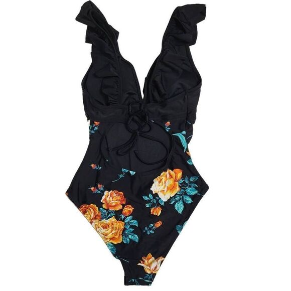 CUPSHE Black Floral Ruffled Lace Up Onepice Swimsuit Size Medium - Picture 7 of 9